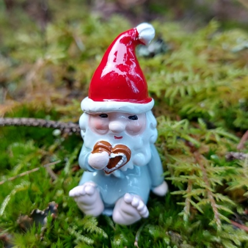 Tomten Rasmus med sin pepparkaka i handen..